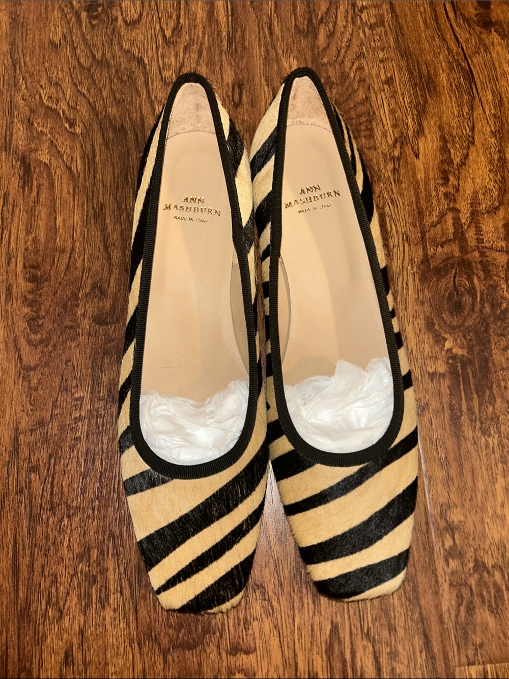 ANN MASHBURN Zebra-Print Flats in Tan and Black